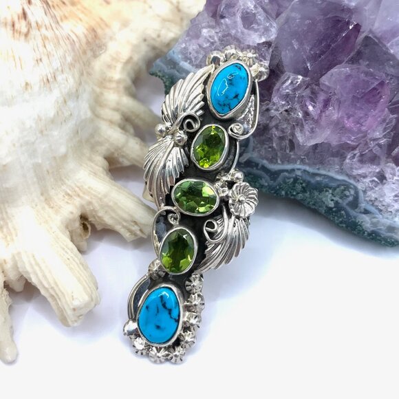 Big Peridot Turquoise Sterling Silver Elongated Handmade Navajo Ring Sz 9 J878 - Picture 3 of 12